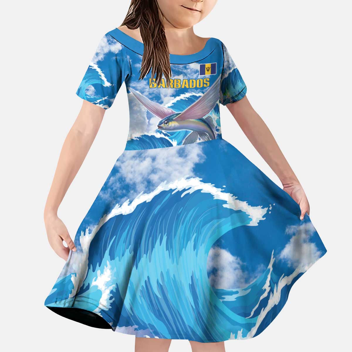 Personalized Barbados Fish Flying Kid Short Sleeve Dress With Stormy Sea Wave - Wonder Print Shop