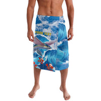 Blue knee-length lavalava with wave and fish print, red flowers, 'YOUR TEXT' panel