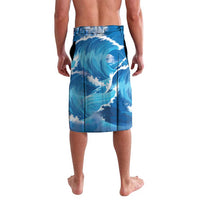 Blue wave-print lavalava with drawstring waist and fish artwork, knee length