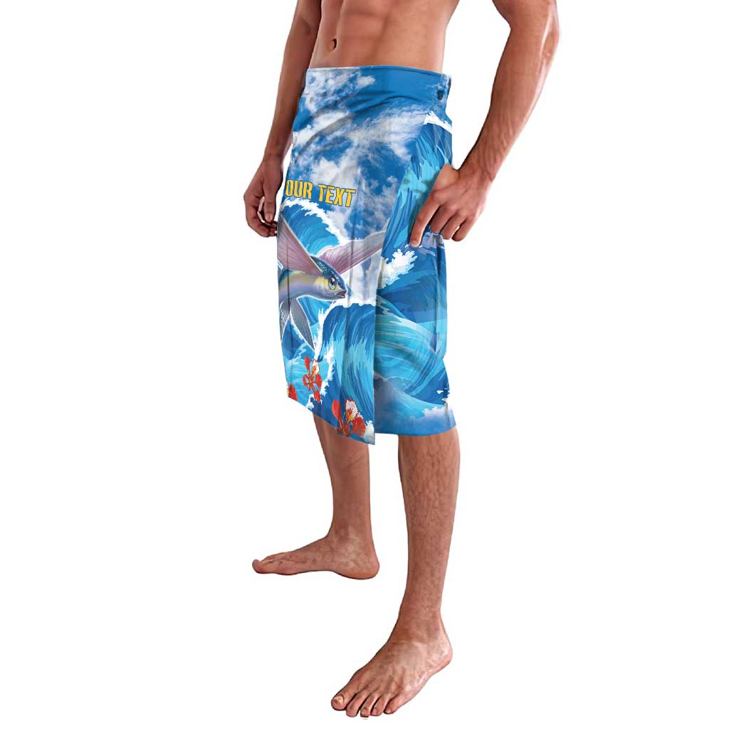 Blue personalized lavalava with fish and stormy wave print, 'YOUR TEXT' front