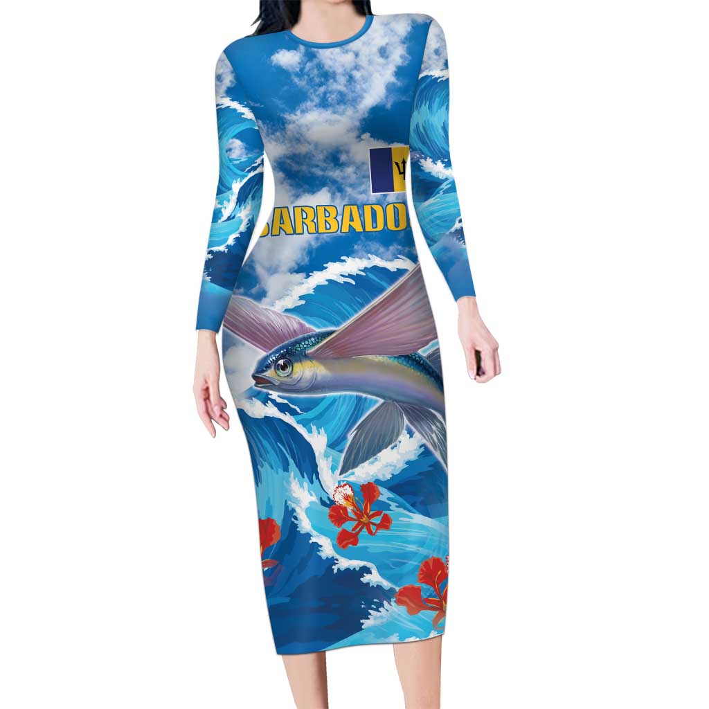 Personalized Barbados Fish Flying Long Sleeve Bodycon Dress With Stormy Sea Wave - Wonder Print Shop