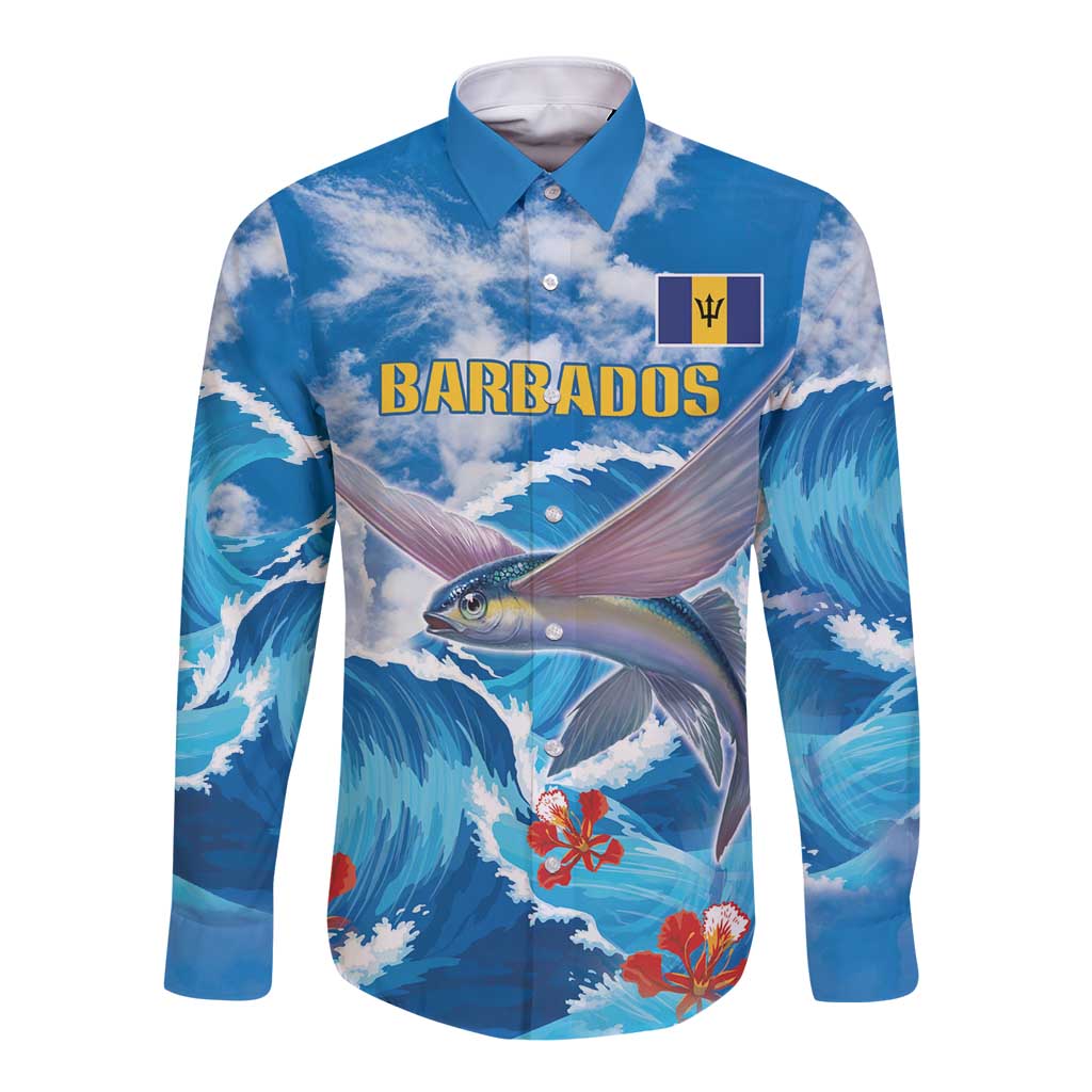 Blue long-sleeve button shirt with flying fish and wave print; front shows BARBADOS