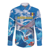 Blue long-sleeve button shirt with flying fish and wave print; front shows BARBADOS