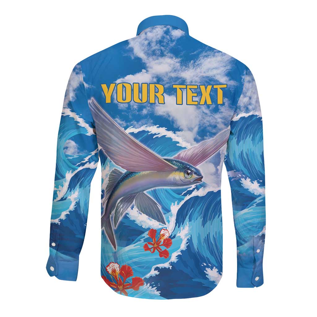 Blue long-sleeve button shirt with flying fish and wave print; back shows YOUR TEXT