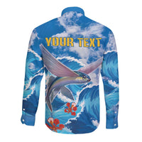 Blue long-sleeve button shirt with flying fish and wave print; back shows YOUR TEXT