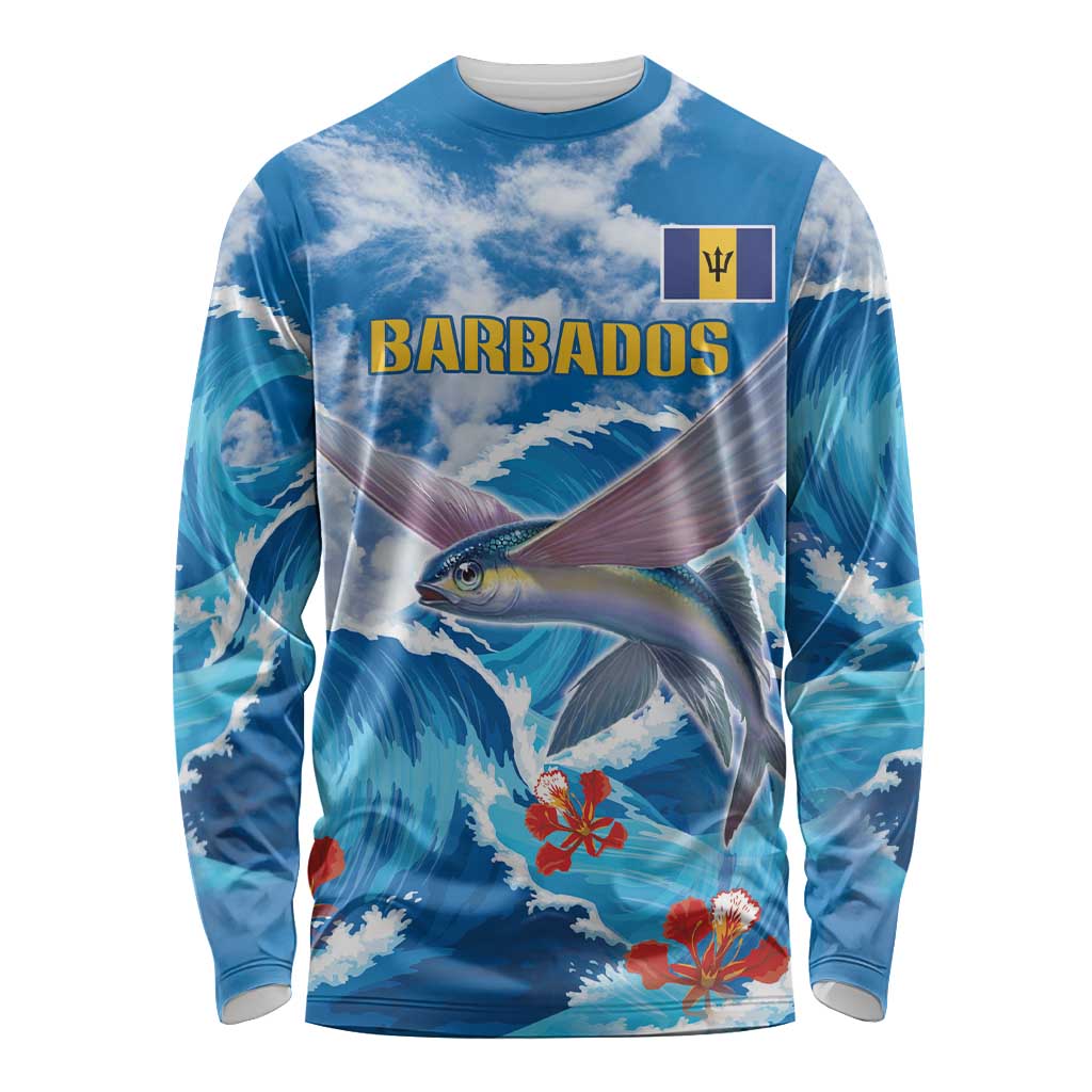 Personalized Barbados Fish Flying Long Sleeve Shirt With Stormy Sea Wave - Wonder Print Shop