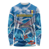 Blue long-sleeve shirt with ocean wave and flying fish graphic; Barbados text on front.
