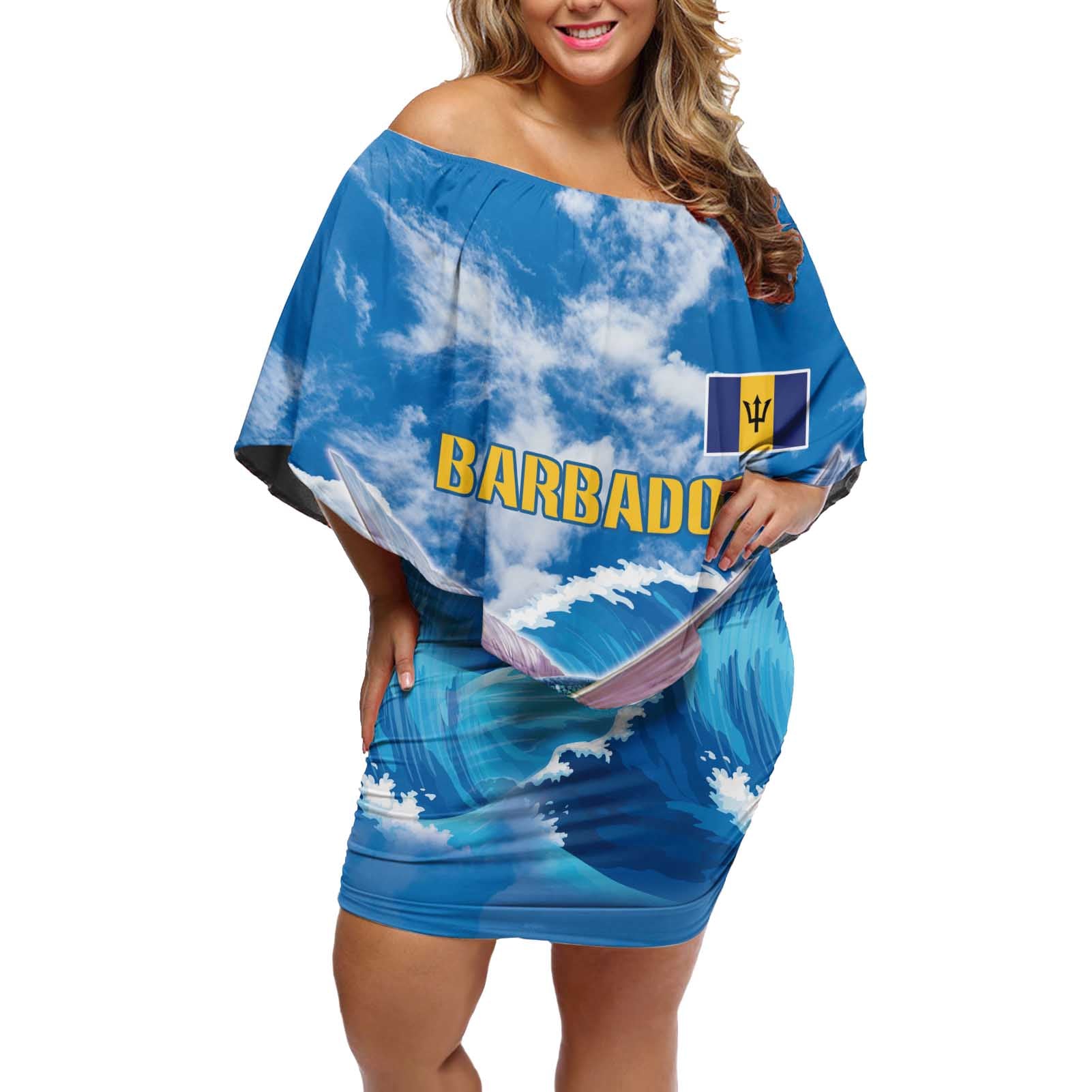 Personalized Barbados Fish Flying Off Shoulder Short Dress With Stormy Sea Wave - Wonder Print Shop