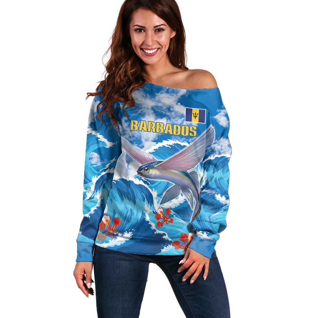 Personalized Barbados Fish Flying Off Shoulder Sweater With Stormy Sea Wave - Wonder Print Shop