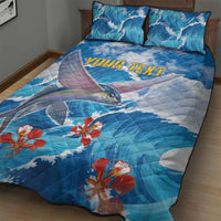 Blue ocean quilt bed set with fish and red flowers, centered custom text on quilt