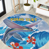 Round ocean-themed rug with flying fish, blue wave pattern, and yellow “YOUR TEXT”.