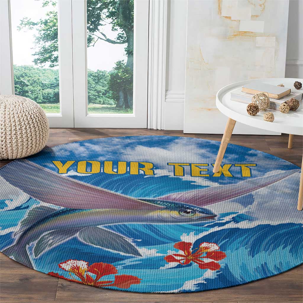 Round rug with blue sea waves and flying fish, plus yellow “YOUR TEXT” across top.