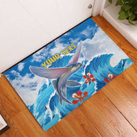 Personalized blue wave fish doormat with red flowers and custom text