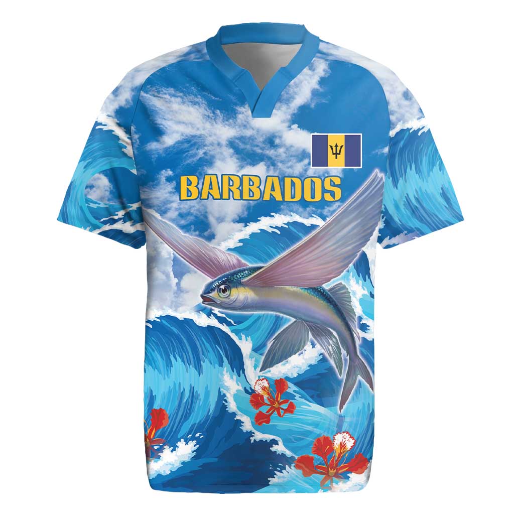 Personalized Barbados Fish Flying Rugby Jersey With Stormy Sea Wave - Wonder Print Shop