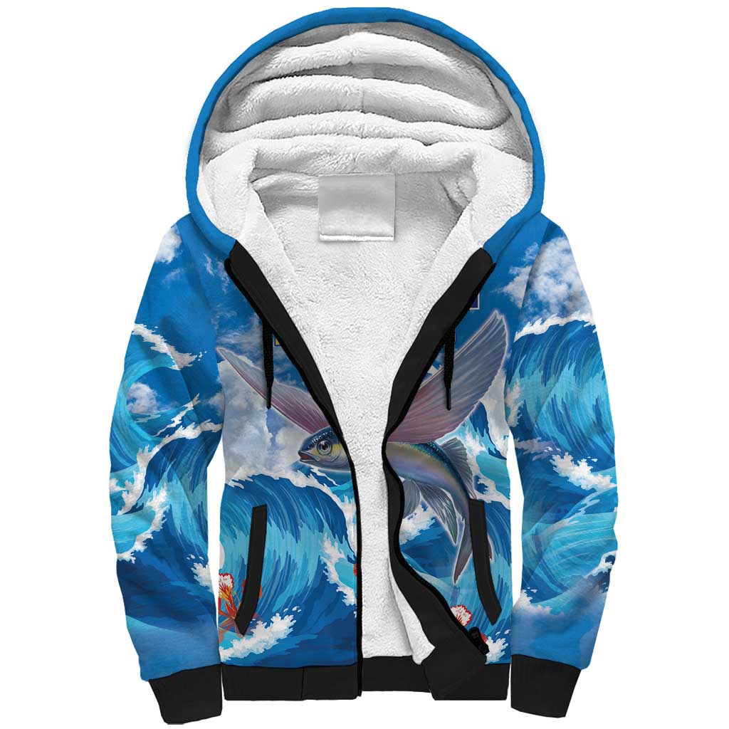 Personalized Barbados Fish Flying Sherpa Hoodie With Stormy Sea Wave - Wonder Print Shop