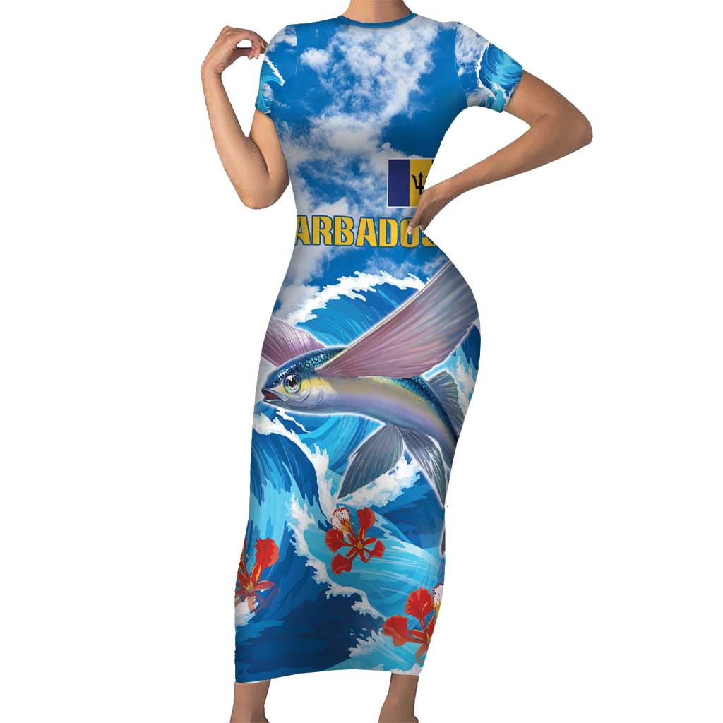 Personalized Barbados Fish Flying Short Sleeve Bodycon Dress With Stormy Sea Wave - Wonder Print Shop