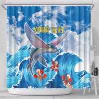 Blue sea-themed shower curtain with flying fish, wave swirls, and yellow 'YOUR TEXT'