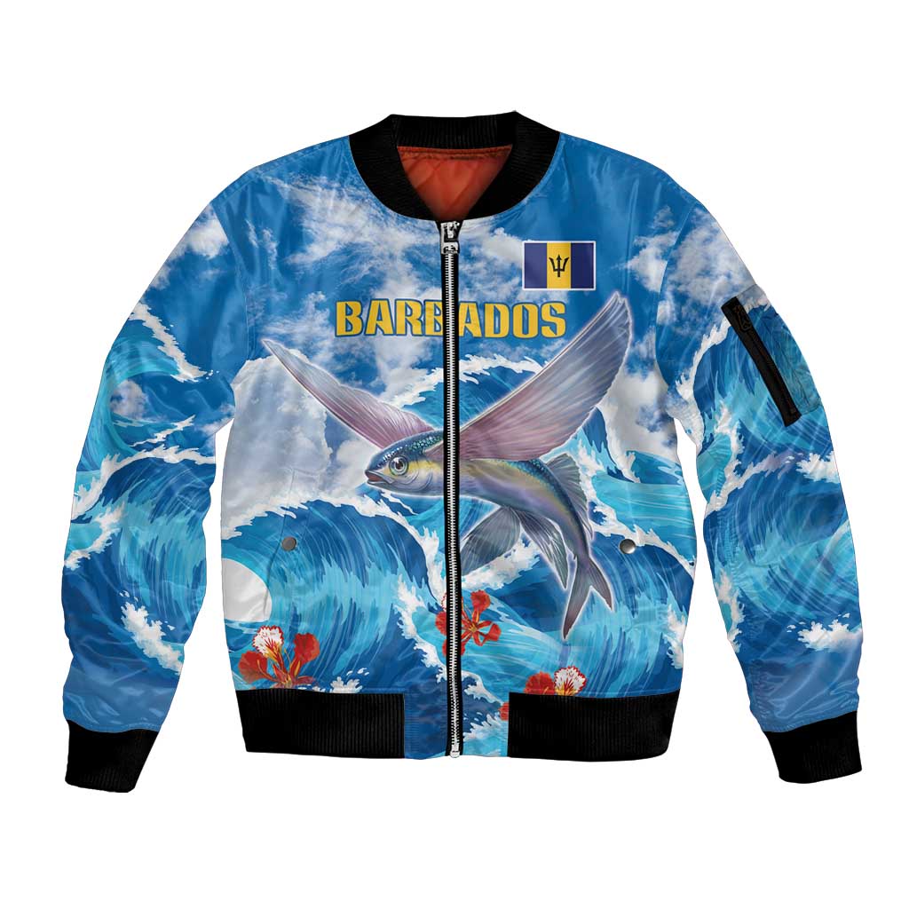 Personalized Barbados Fish Flying Sleeve Zip Bomber Jacket With Stormy Sea Wave - Wonder Print Shop