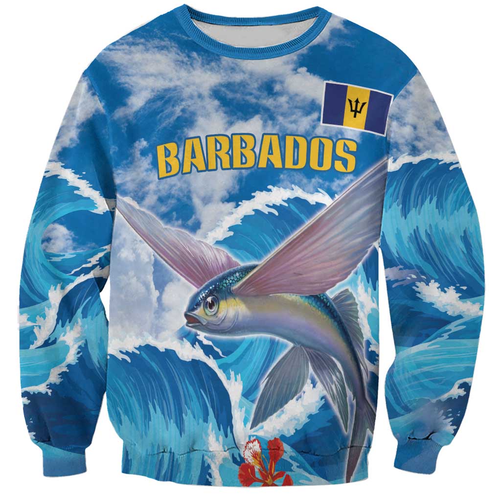 Unisex blue sweatshirt with Barbados text and flying fish over ocean wave print