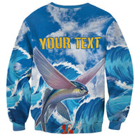 Blue sweatshirt with YOUR TEXT and flying fish over ocean wave print