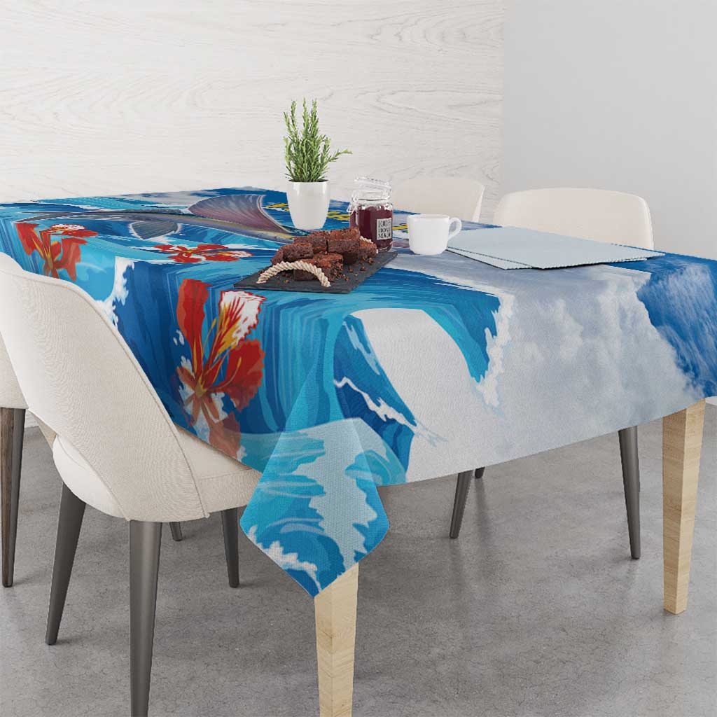 Personalized blue ocean-themed tablecloth with flying fish and wave pattern