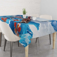 Personalized blue ocean-themed tablecloth with flying fish and wave pattern
