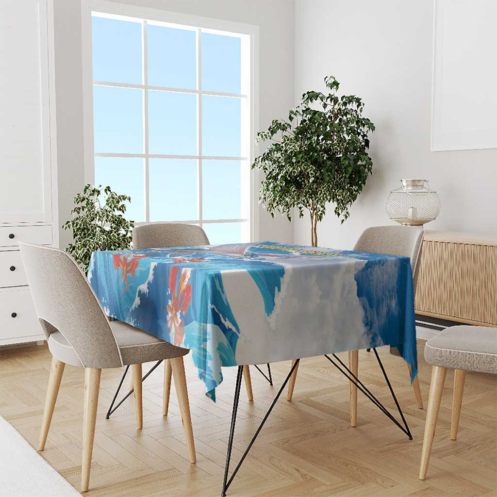 Blue ocean wave tablecloth with fish and floral coral print for dining room table