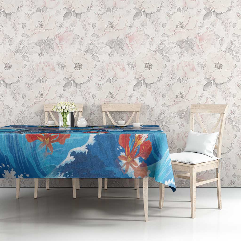Blue ocean wave tablecloth with fish and coral print on rectangular dining table