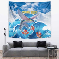 Personalized seaside tapestry showing a flying fish over blue waves with 'YOUR TEXT'