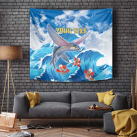 Personalized ocean wave tapestry with flying fish, orange flowers, and 'YOUR TEXT' text