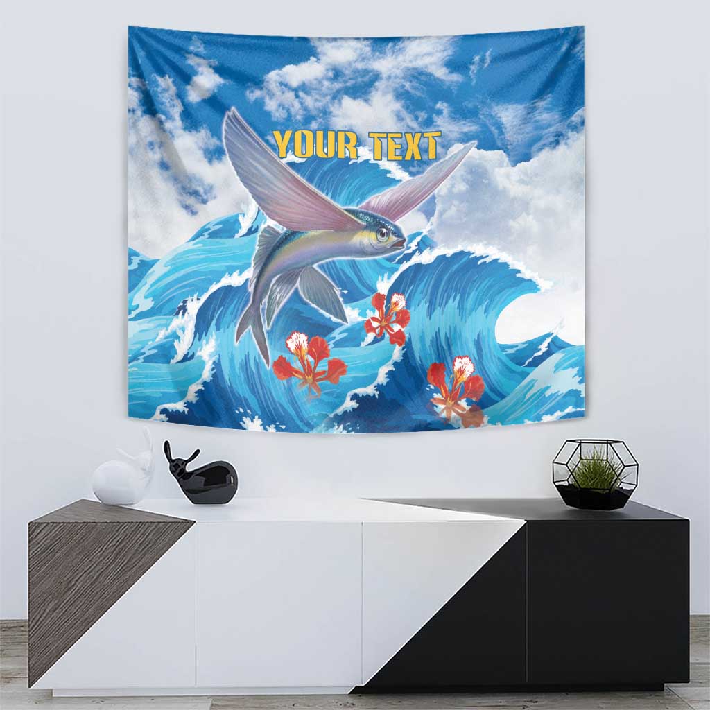 Personalized blue wave tapestry with flying fish, orange blossoms, and gold 'YOUR TEXT'