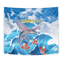 Personalized ocean scene tapestry with flying fish, orange flowers, and 'YOUR TEXT'