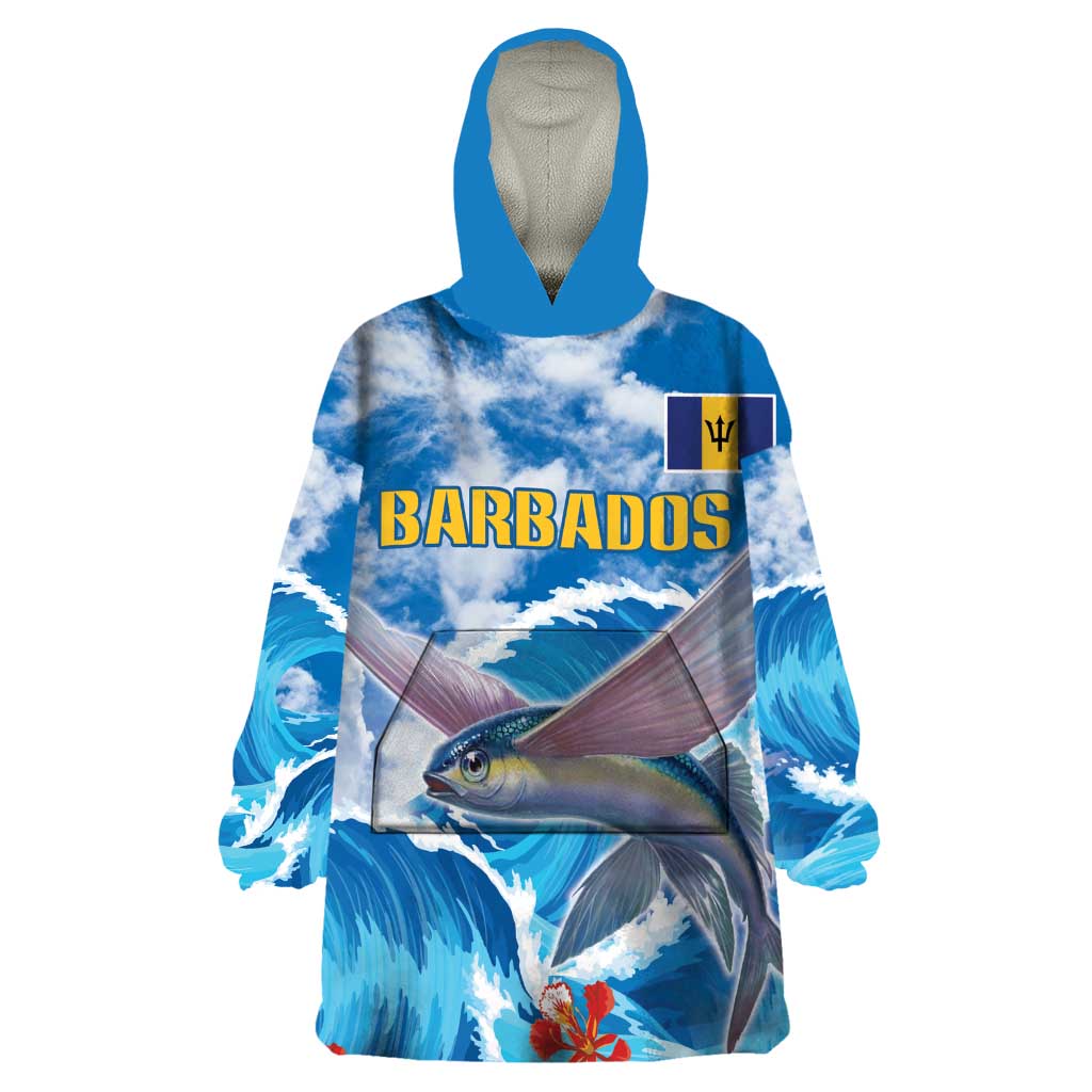 Personalized Barbados Fish Flying Wearable Blanket Hoodie With Stormy Sea Wave - Wonder Print Shop