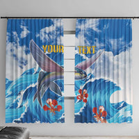 Blue wave window curtain pair with flying fish art and custom “YOUR TEXT” lettering