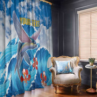 Blue window curtain with flying fish design, red flowers, and custom “YOUR TEXT”