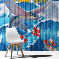 Blue window curtain with flying fish graphic, red coral flowers, and stormy sea pattern
