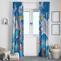 Blue double window curtain with flying fish print, red coral flowers, and “YOUR TEXT”