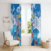 Blue window curtain panels with flying fish graphic, red flowers, and “YOUR TEXT”