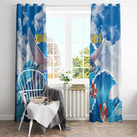 Blue pair of window curtains with flying fish print, red flowers, and “YOUR TEXT”