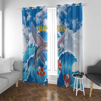 Blue window curtain set with flying fish art, red coral flowers, and “YOUR TEXT”