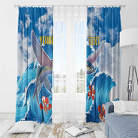 Blue window curtain panels with flying fish design, red flowers, and custom “YOUR TEXT”