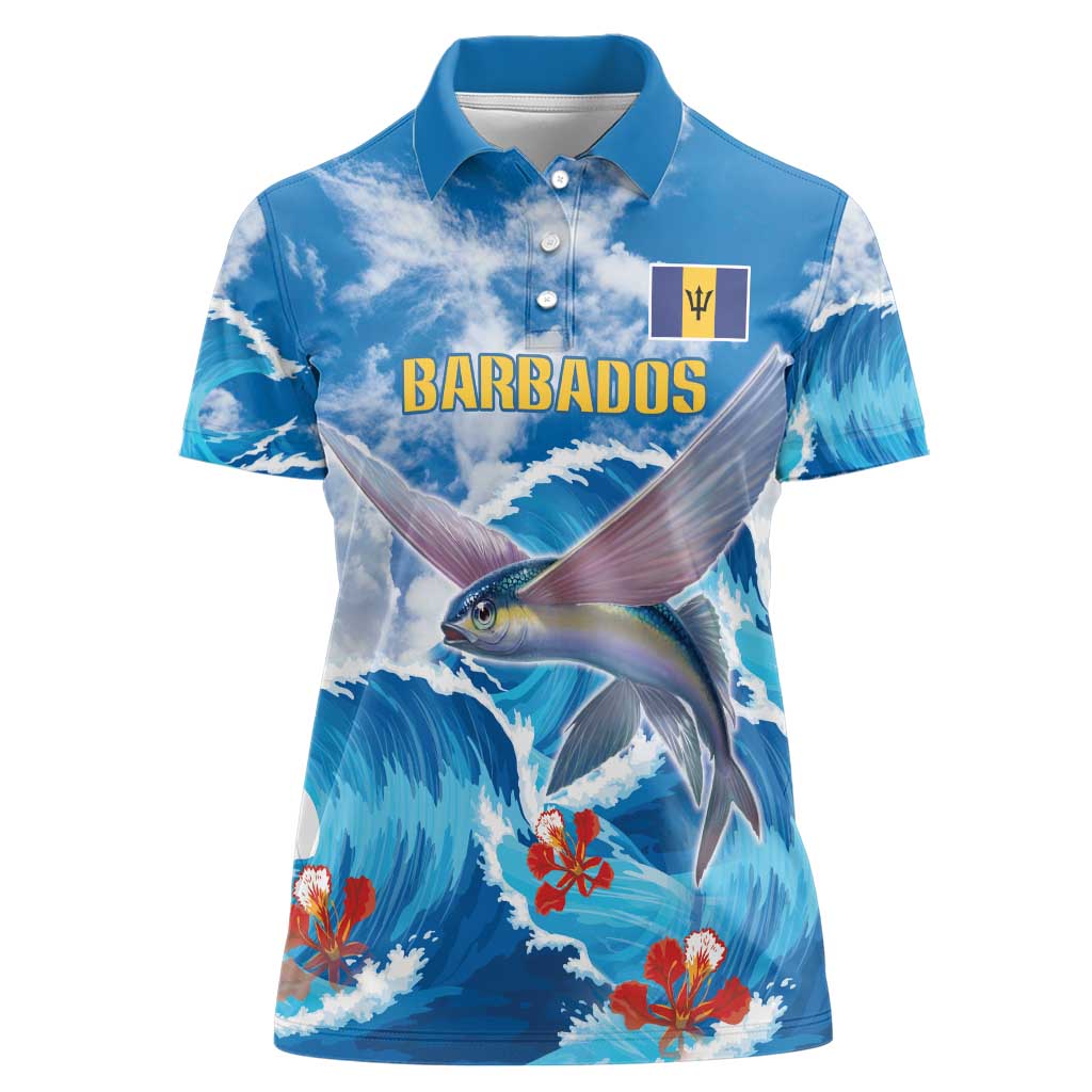 Personalized Barbados Fish Flying Women Polo Shirt With Stormy Sea Wave - Wonder Print Shop