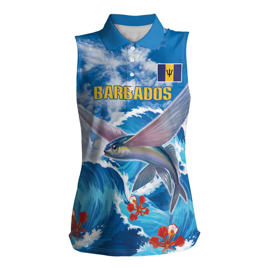 Personalized Barbados Fish Flying Women Sleeveless Polo Shirt With Stormy Sea Wave - Wonder Print Shop