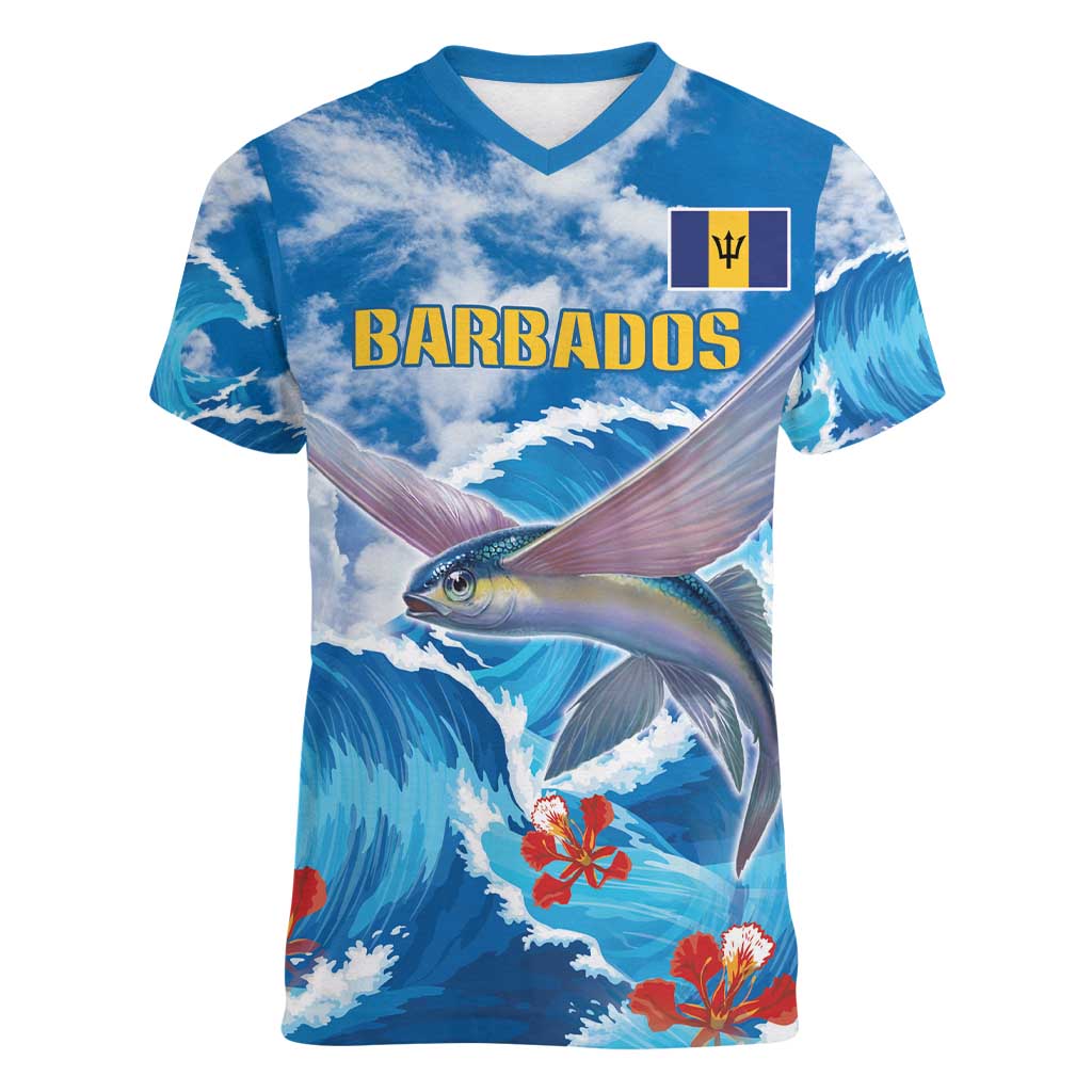 Personalized Barbados Fish Flying Women V-Neck T-Shirt With Stormy Sea Wave - Wonder Print Shop