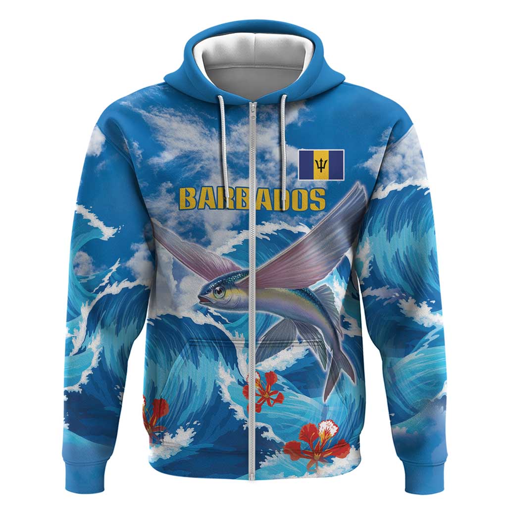 Personalized Barbados Fish Flying Zip Hoodie With Stormy Sea Wave - Wonder Print Shop