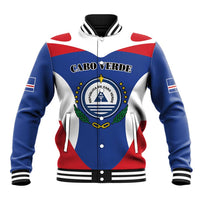 Unisex blue-and-white baseball jacket with Cape Verde coat of arms front graphic