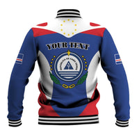 Blue-and-white unisex baseball jacket with back 'YOUR TEXT' and Cape Verde crest