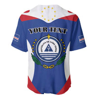 Personalized Cape Verde coat of arms baseball jersey in blue, crest with 'YOUR TEXT'.