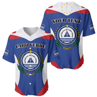 Two Cape Verde coat of arms baseball jerseys in blue: 'YOUR TEXT' and 'Cabo Verde' fronts.