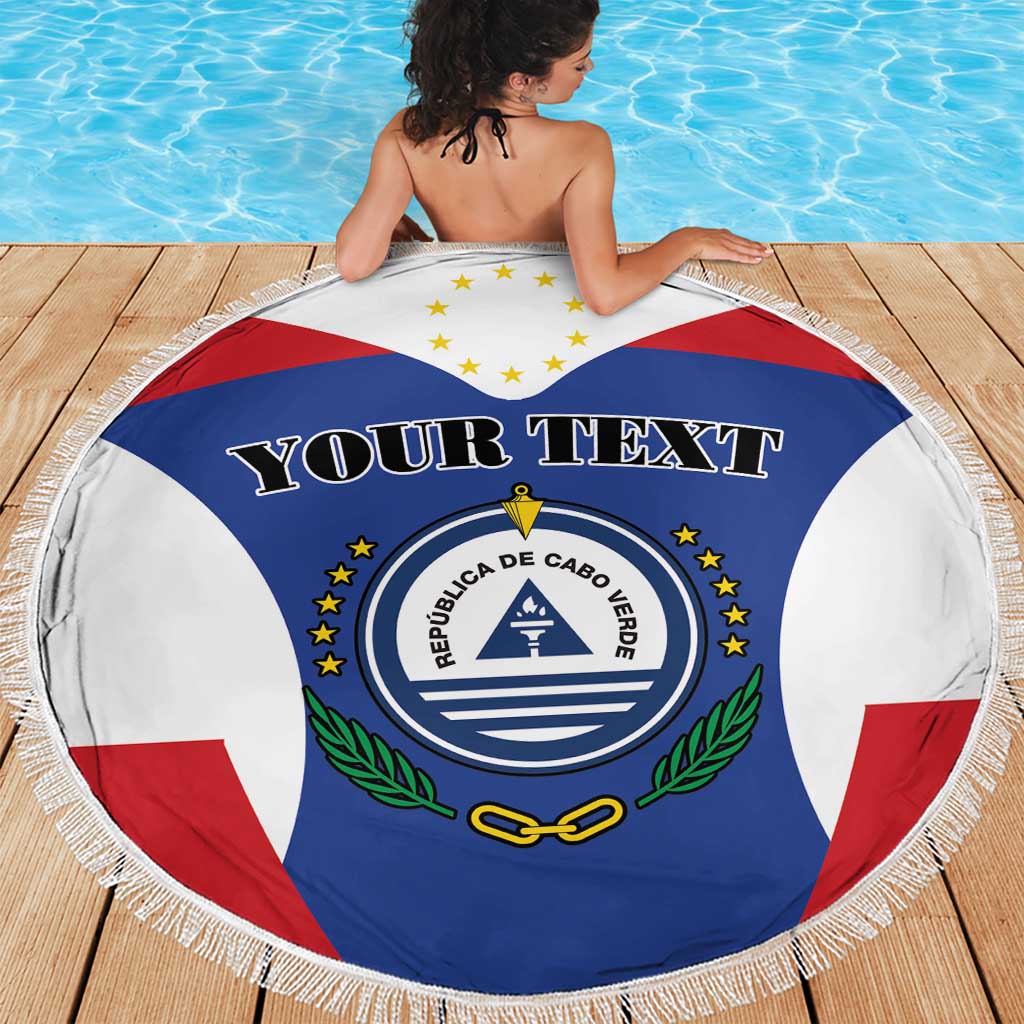 Round personalized beach blanket with Cabo Verde coat of arms and 'Your Text' center print